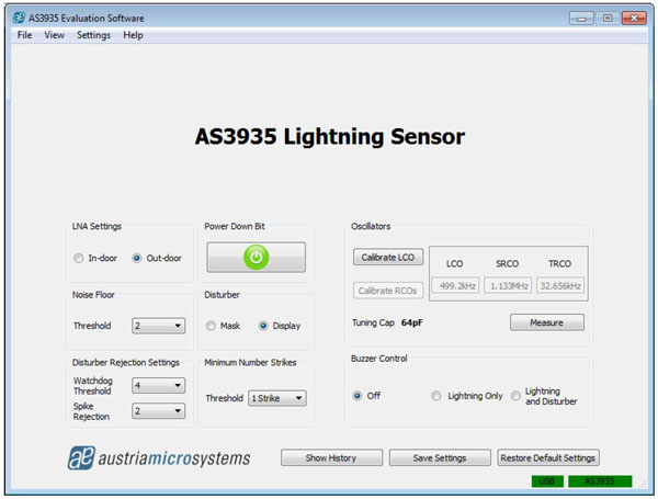 ams AS3935 evaluation board GUI